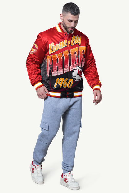 MENS KANSAS CITY CHIEFS PASS RUSH SATIN VARSITY JACKET
