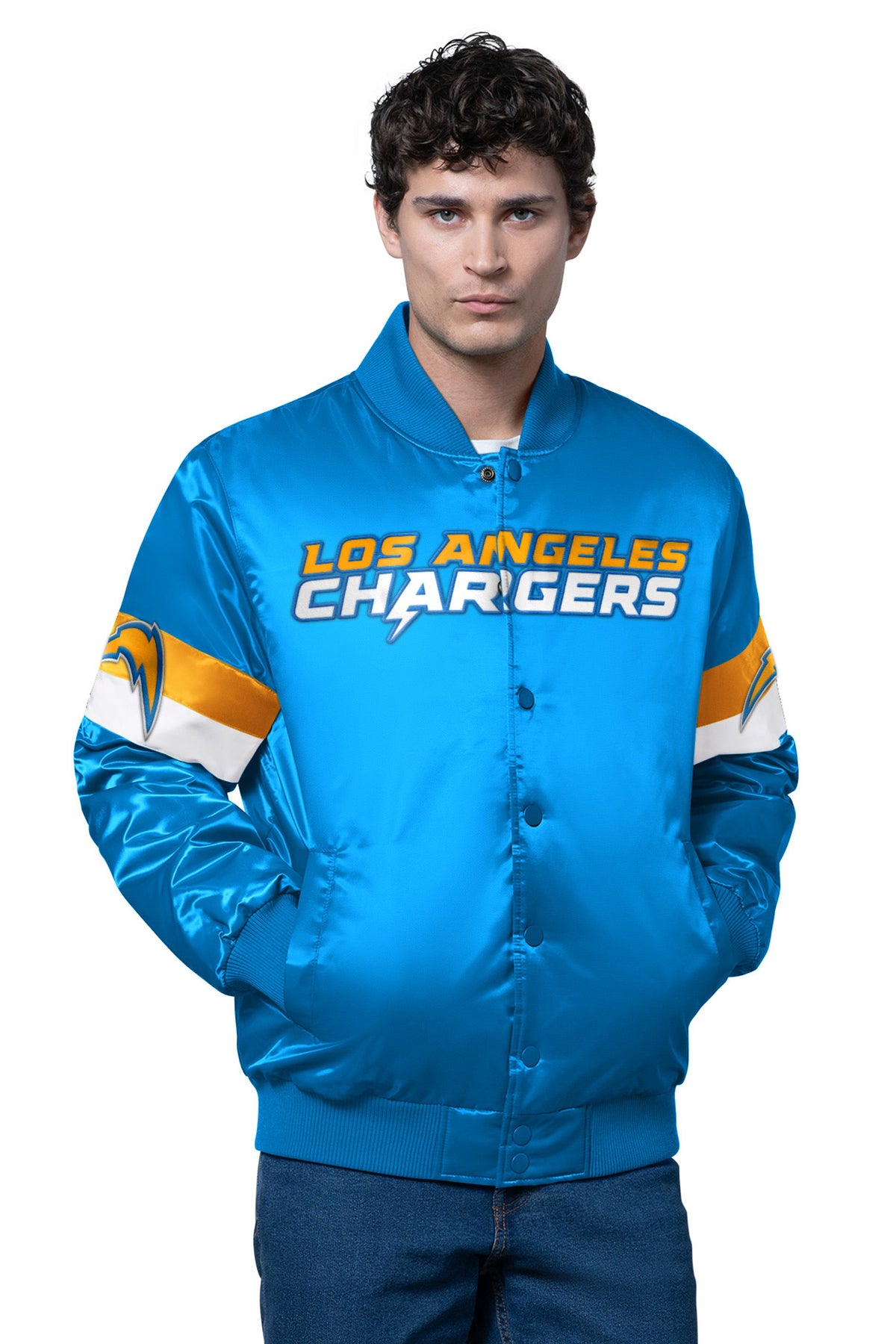 MENS LOS ANGELES CHARGERS TRIPLE OPTION SATIN VARSITY JACKET