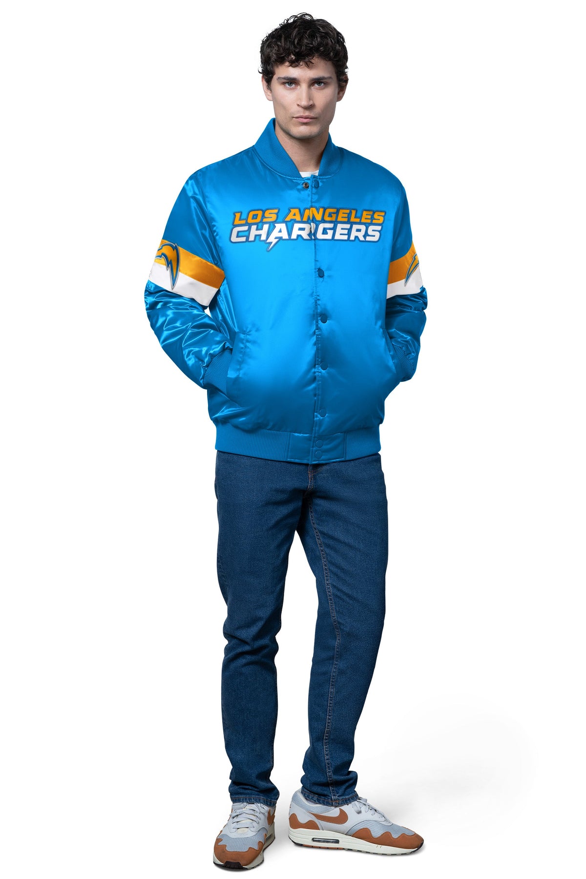 MENS LOS ANGELES CHARGERS TRIPLE OPTION SATIN VARSITY JACKET