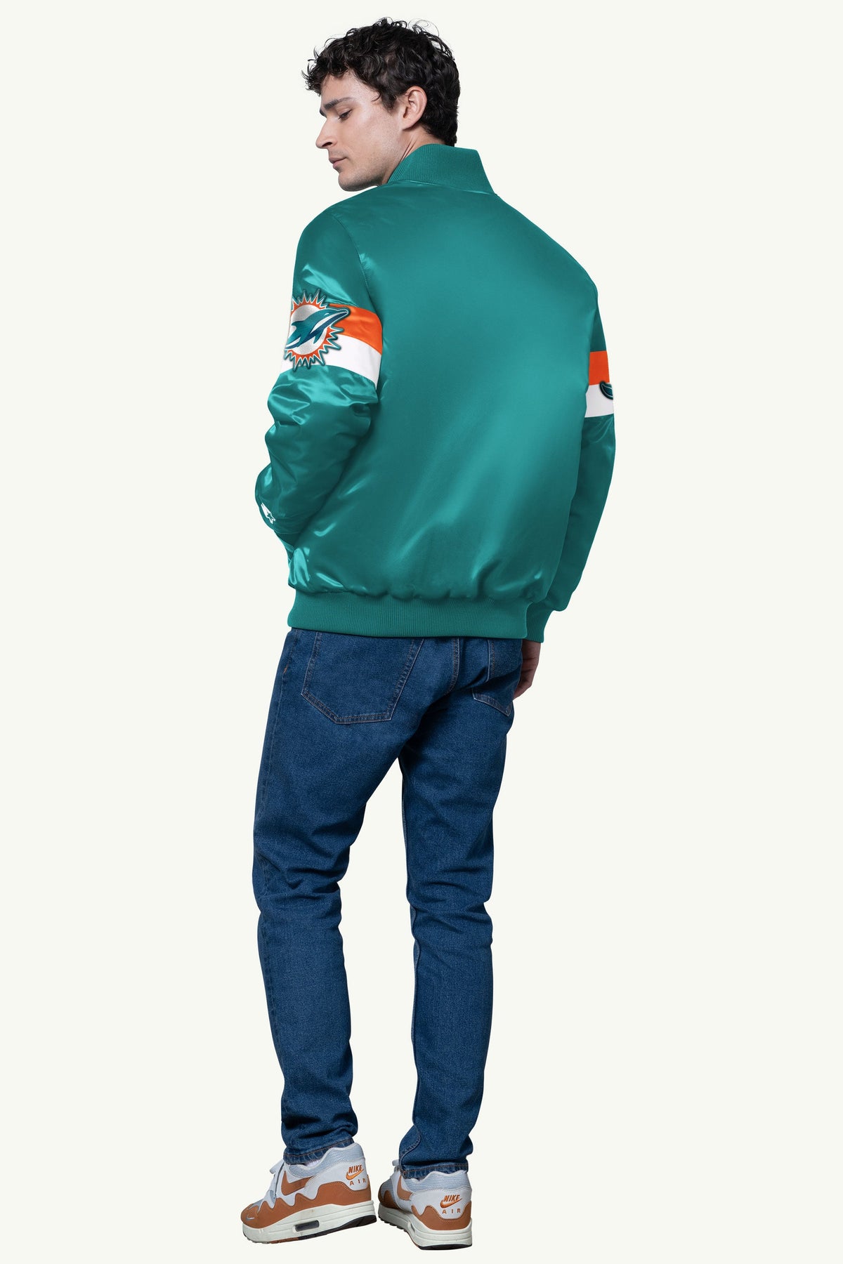 MENS MIAMI DOLPHINS TRIPLE OPTION SATIN VARSITY JACKET