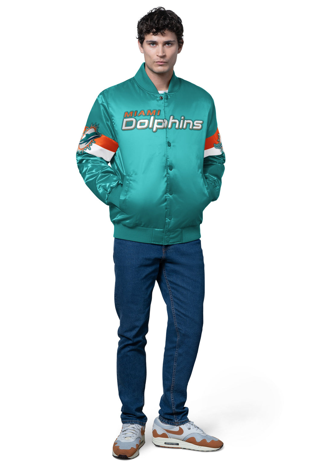 MENS MIAMI DOLPHINS TRIPLE OPTION SATIN VARSITY JACKET
