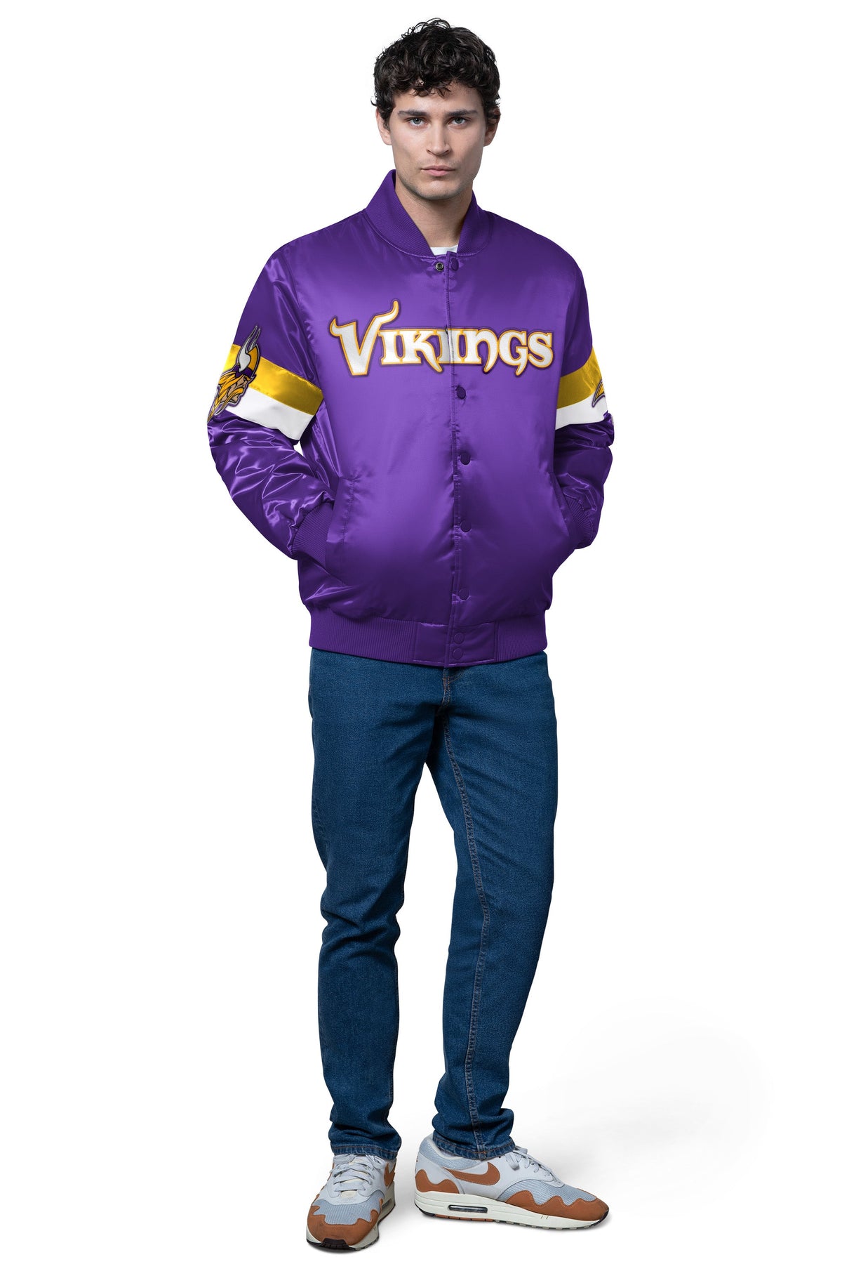 MENS MINNESOTA VIKINGS TRIPLE OPTION SATIN VARSITY JACKET