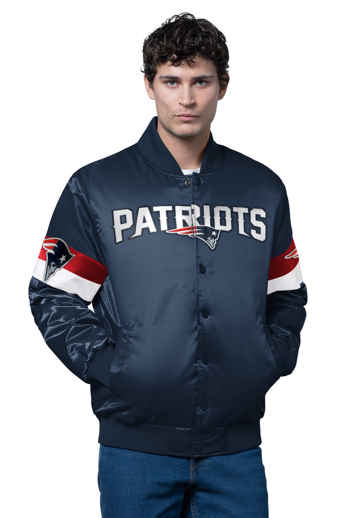 MENS NEW ENGLAND PATRIOTS TRIPLE OPTION SATIN VARSITY JACKET