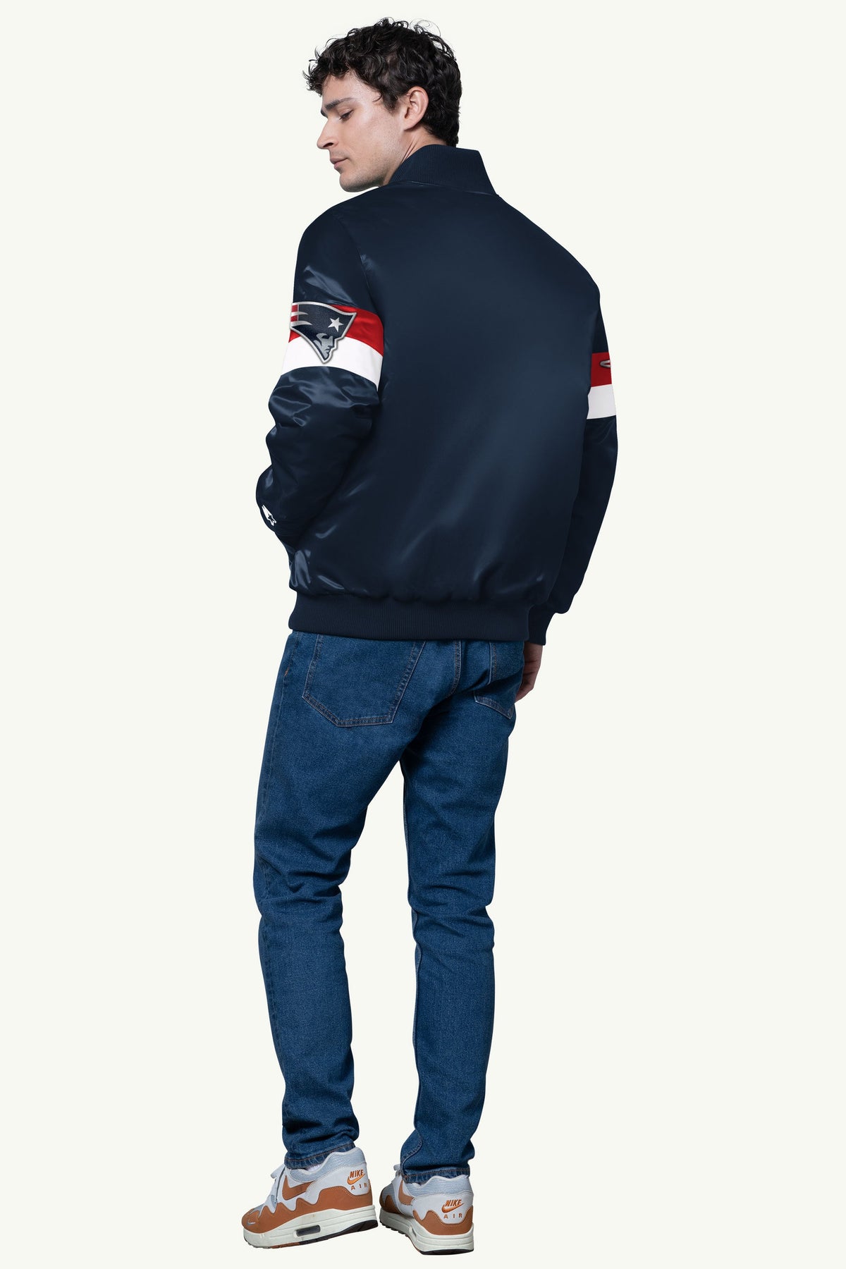 MENS NEW ENGLAND PATRIOTS TRIPLE OPTION SATIN VARSITY JACKET