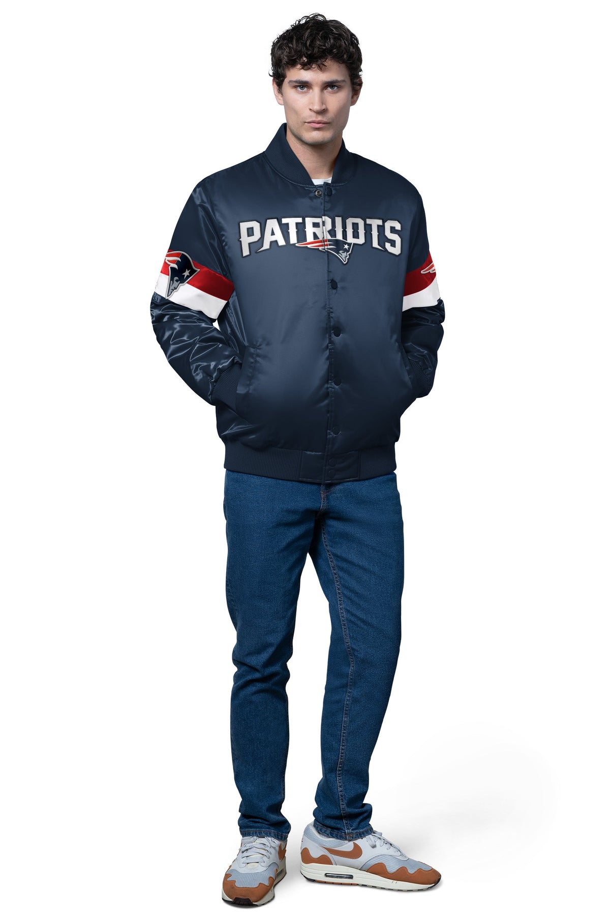 MENS NEW ENGLAND PATRIOTS TRIPLE OPTION SATIN VARSITY JACKET