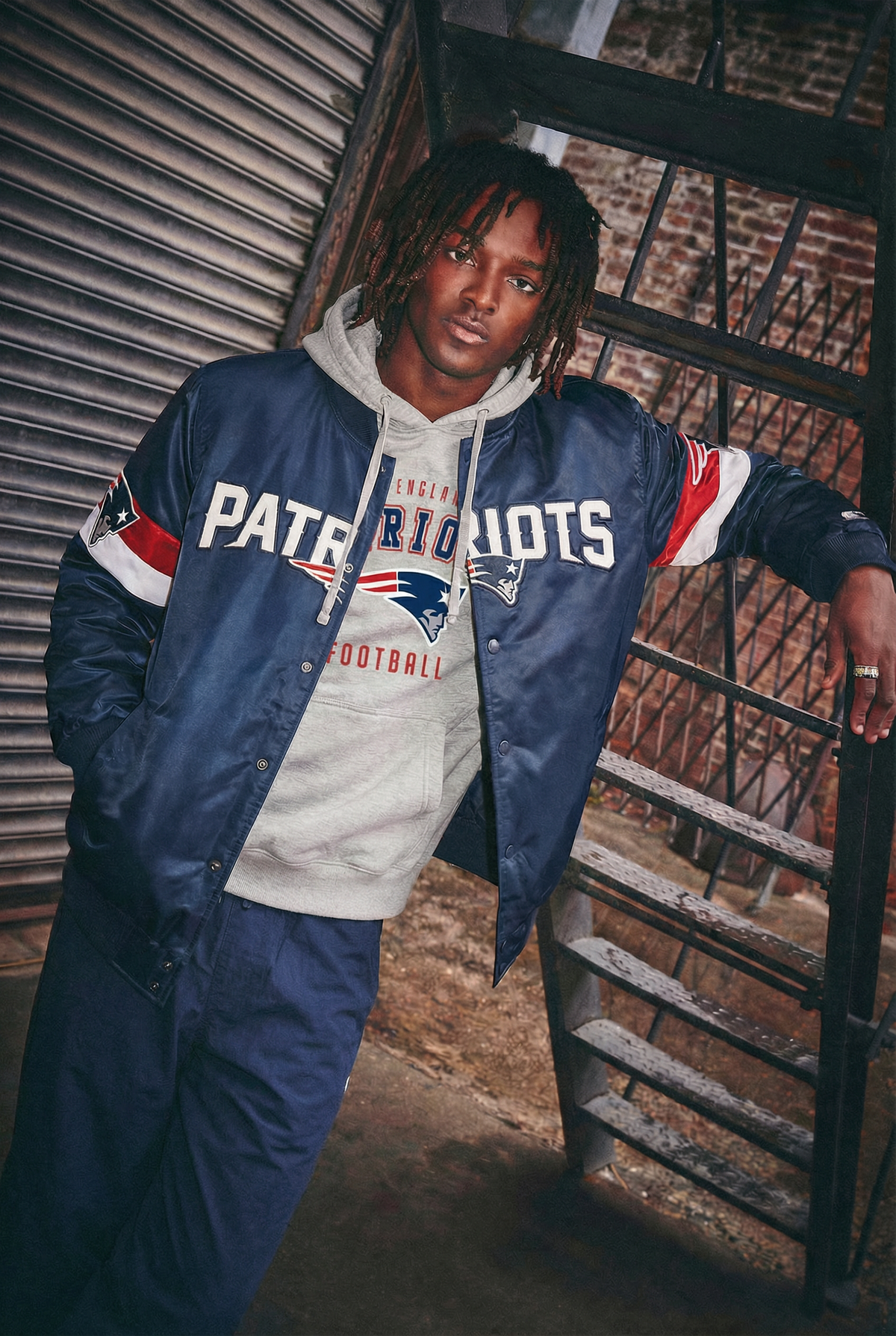 MENS NEW ENGLAND PATRIOTS TRIPLE OPTION SATIN VARSITY JACKET