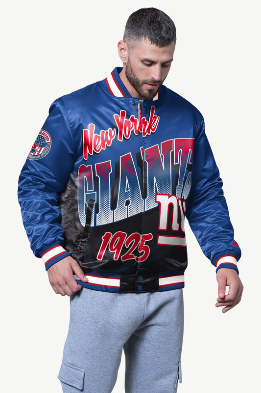MENS NEW YORK GIANTS PASS RUSH SATIN VARSITY JACKET