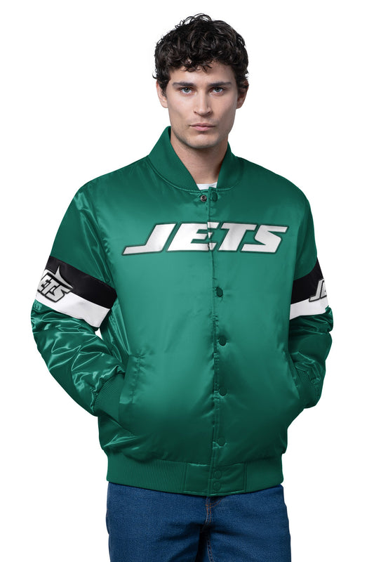 MENS NEW YORK JETS TRIPLE OPTION SATIN VARSITY JACKET