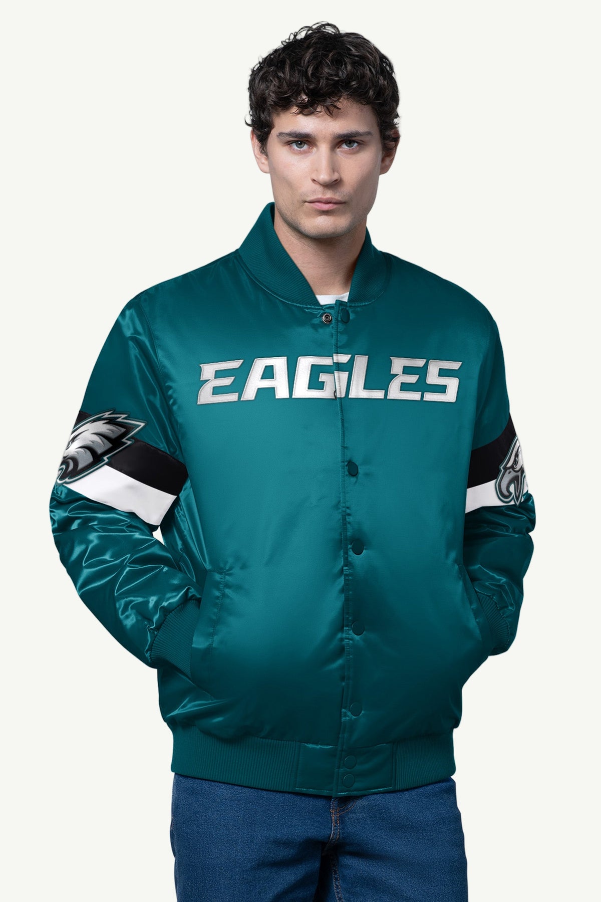 MENS PHILADELPHIA EAGLES TRIPLE OPTION SATIN VARSITY JACKET