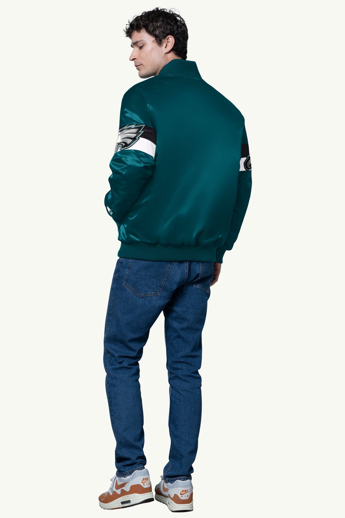 MENS PHILADELPHIA EAGLES TRIPLE OPTION SATIN VARSITY JACKET