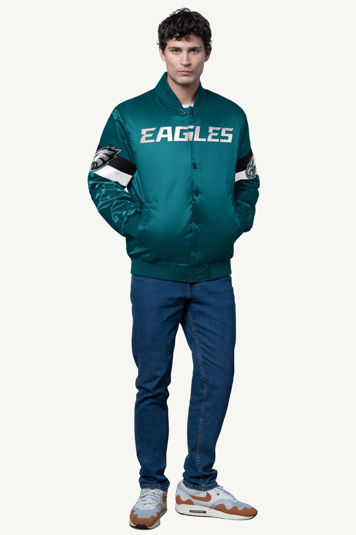 MENS PHILADELPHIA EAGLES TRIPLE OPTION SATIN VARSITY JACKET