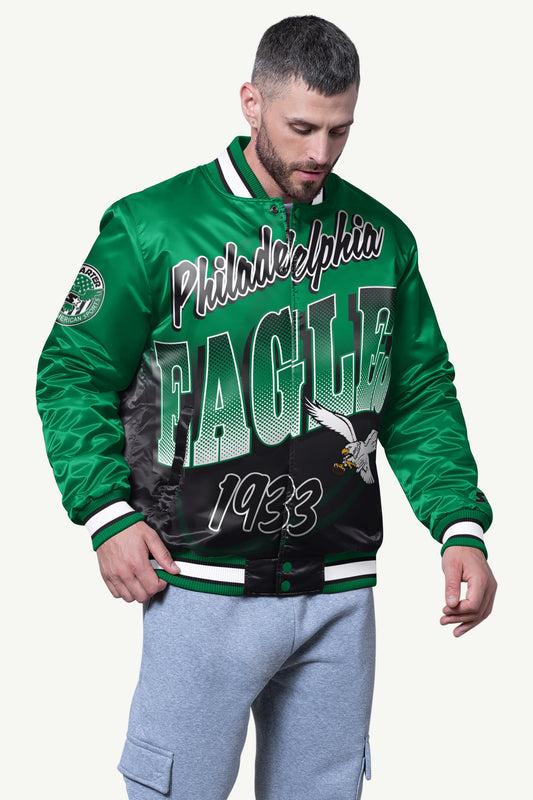 MENS PHILADELPHIA EAGLES PASS RUSH SATIN VARSITY JACKET