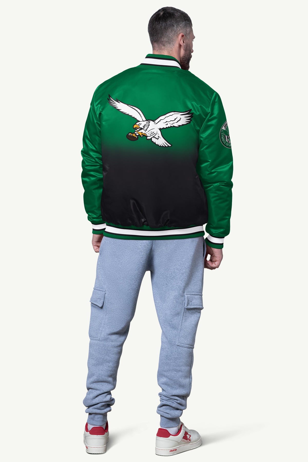 MENS PHILADELPHIA EAGLES PASS RUSH SATIN VARSITY JACKET
