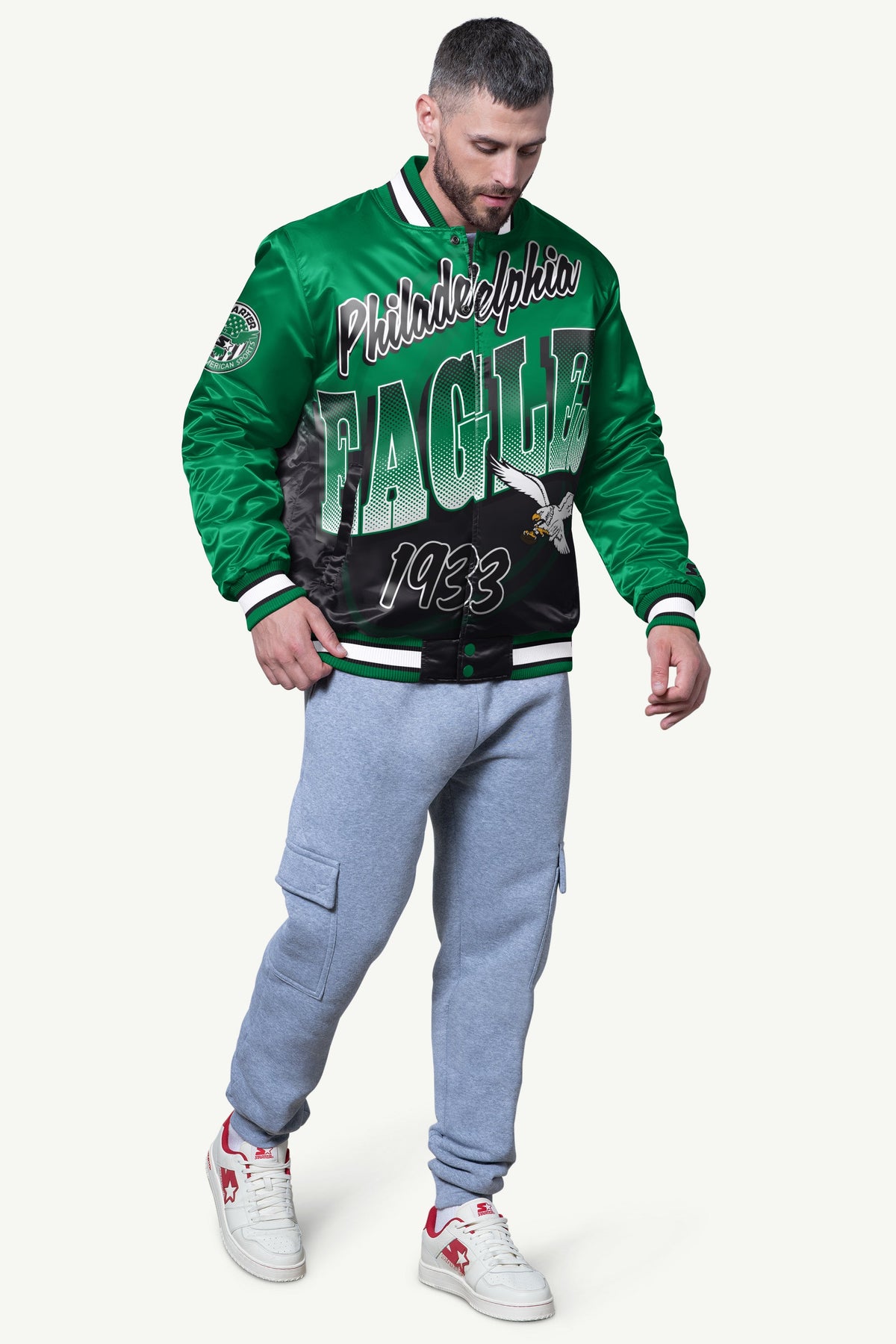 MENS PHILADELPHIA EAGLES PASS RUSH SATIN VARSITY JACKET