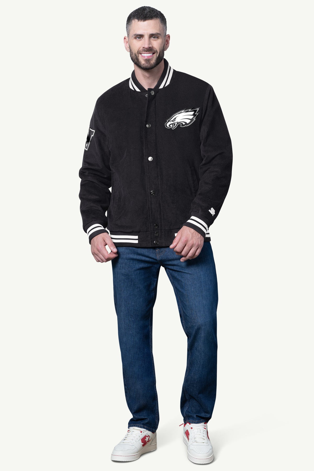 MENS PHILADELPHIA EAGLES BLACKOUT CORDUROY VARSITY JACKET