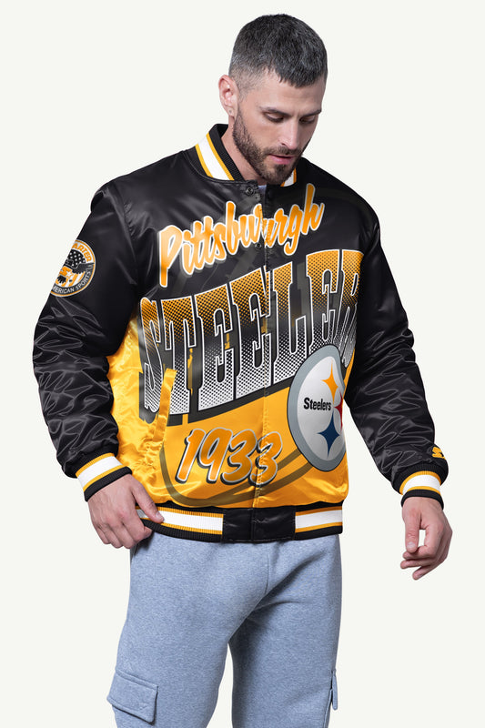 MENS PITTSBURGH STEELERS PASS RUSH SATIN VARSITY JACKET