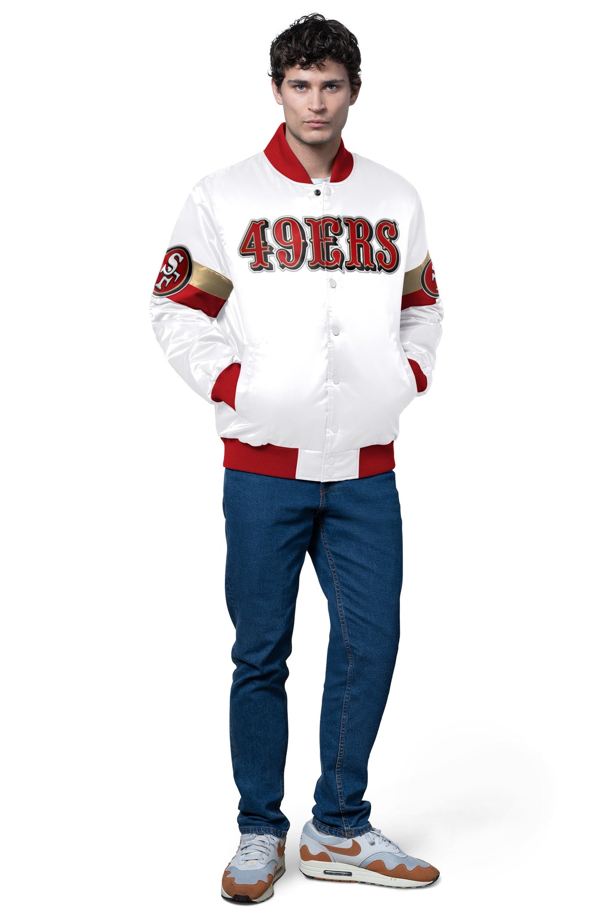 MENS SAN FRANCISCO 49ERS TRIPLE OPTION SATIN VARSITY JACKET