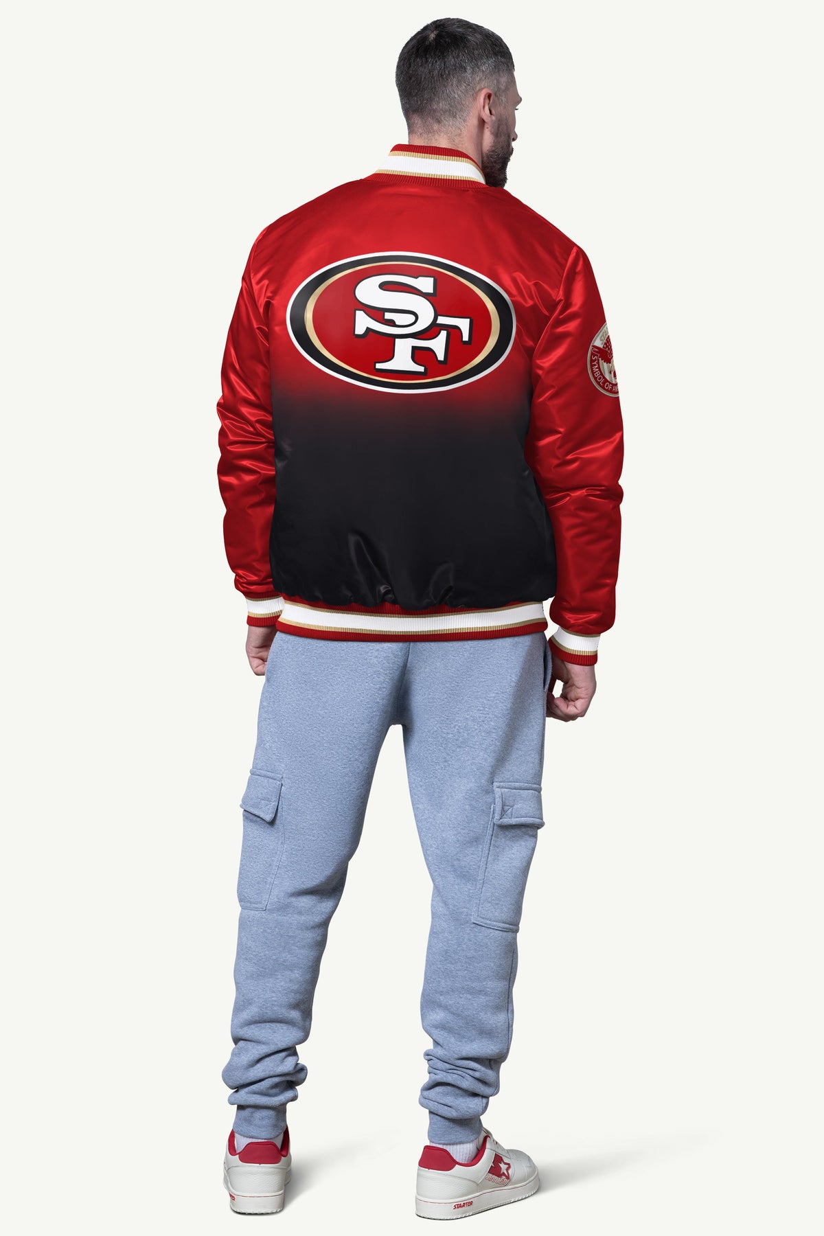 MENS SAN FRANCISCO 49ERS PASS RUSH SATIN VARSITY JACKET