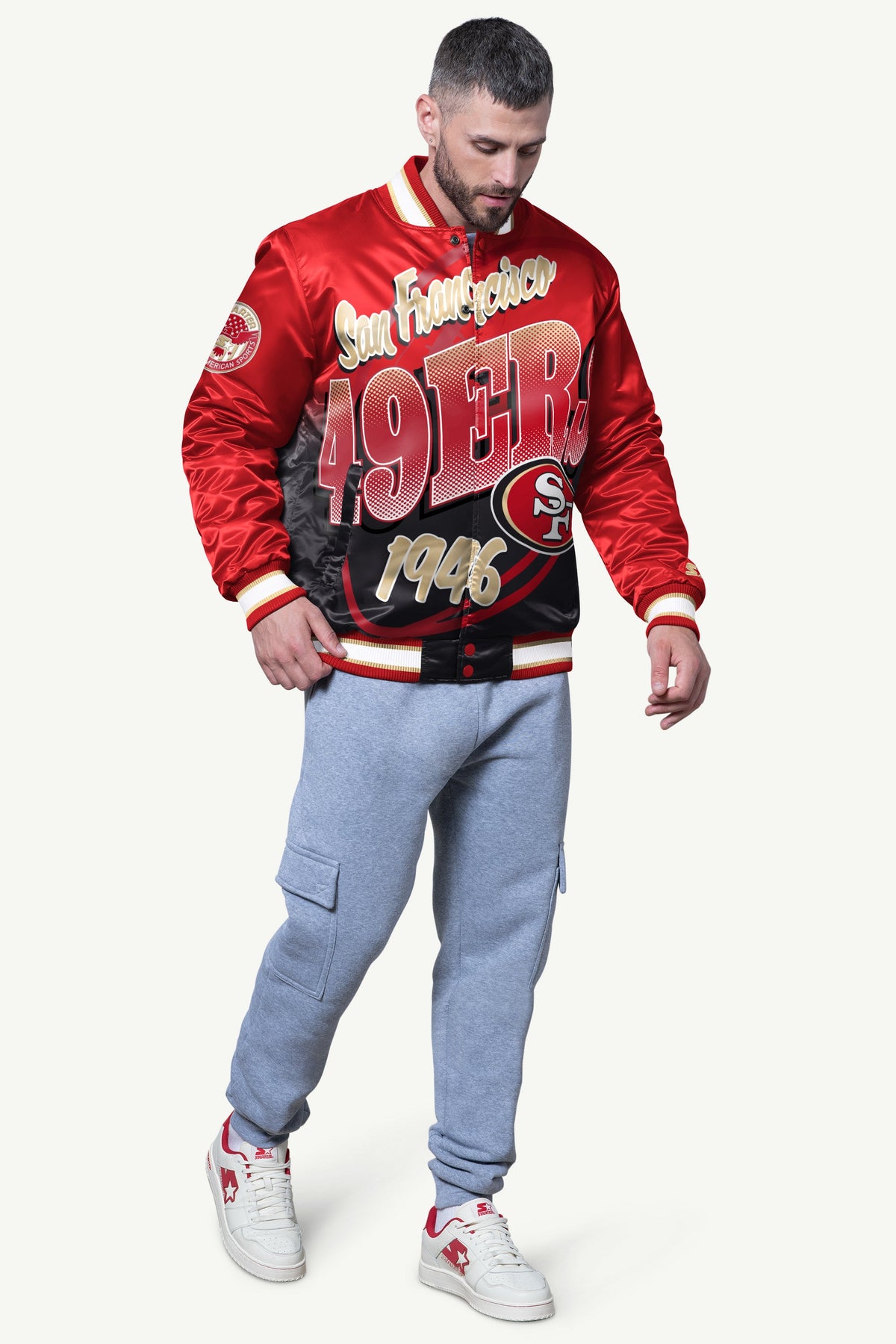 MENS SAN FRANCISCO 49ERS PASS RUSH SATIN VARSITY JACKET