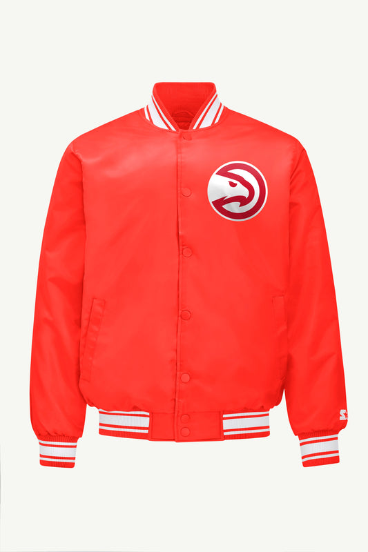 MENS ATLANTA HAWKS PRINTED GRAPHIC SATIN VARSITY JACKET
