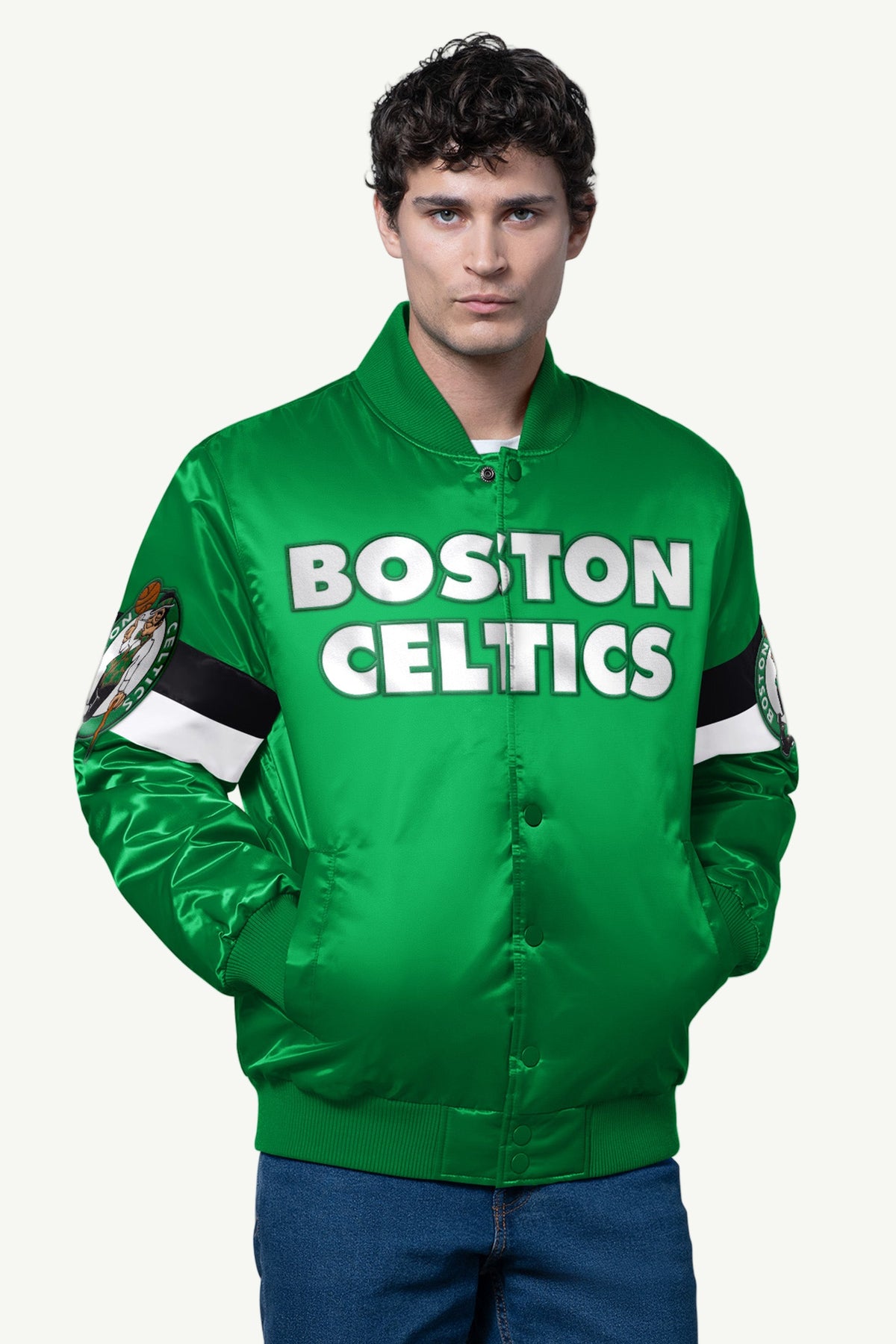 MENS BOSTON CELTICS TRIPLE OPTION SATIN VARSITY JACKET