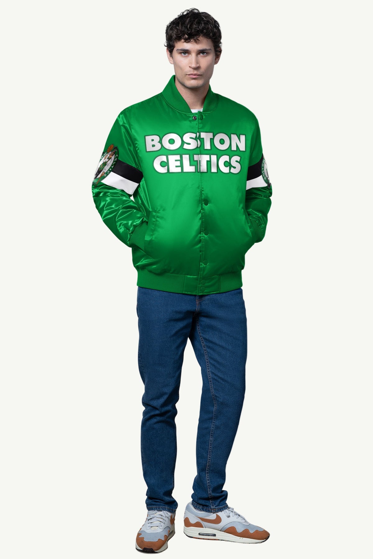 MENS BOSTON CELTICS TRIPLE OPTION SATIN VARSITY JACKET
