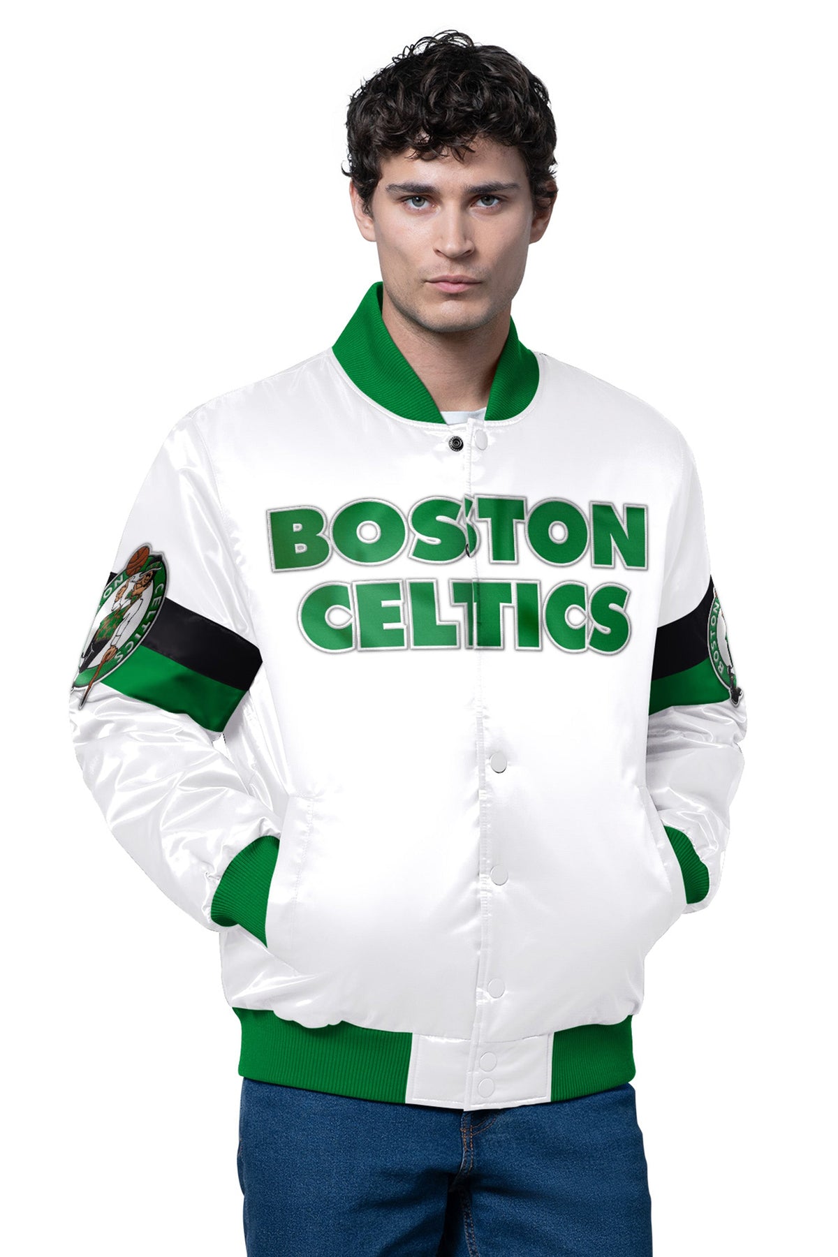 MENS BOSTON CELTICS TRIPLE OPTION SATIN VARSITY JACKET