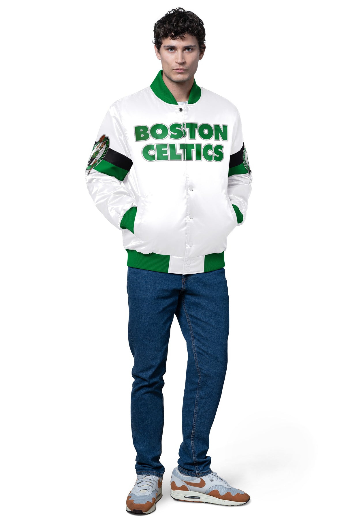 MENS BOSTON CELTICS TRIPLE OPTION SATIN VARSITY JACKET