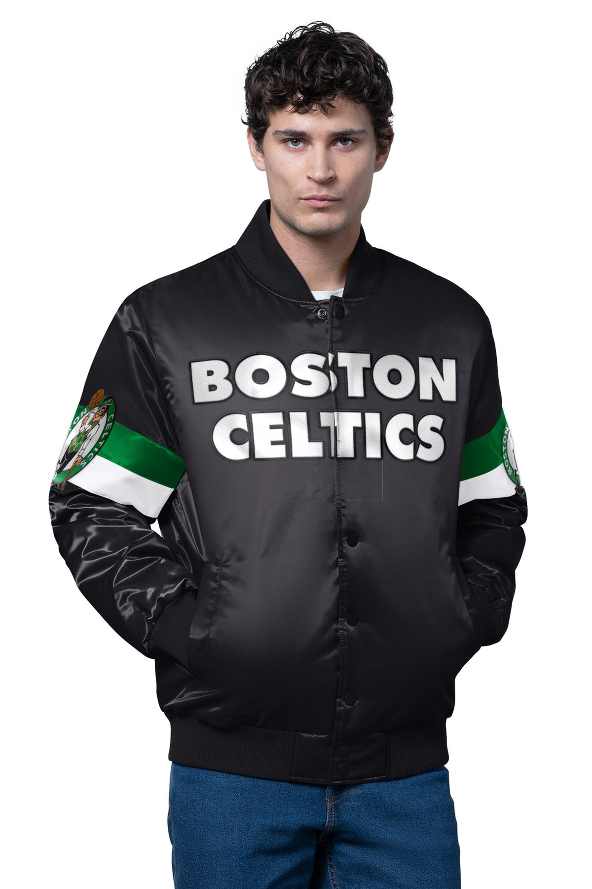 MENS BOSTON CELTICS TRIPLE OPTION SATIN VARSITY JACKET