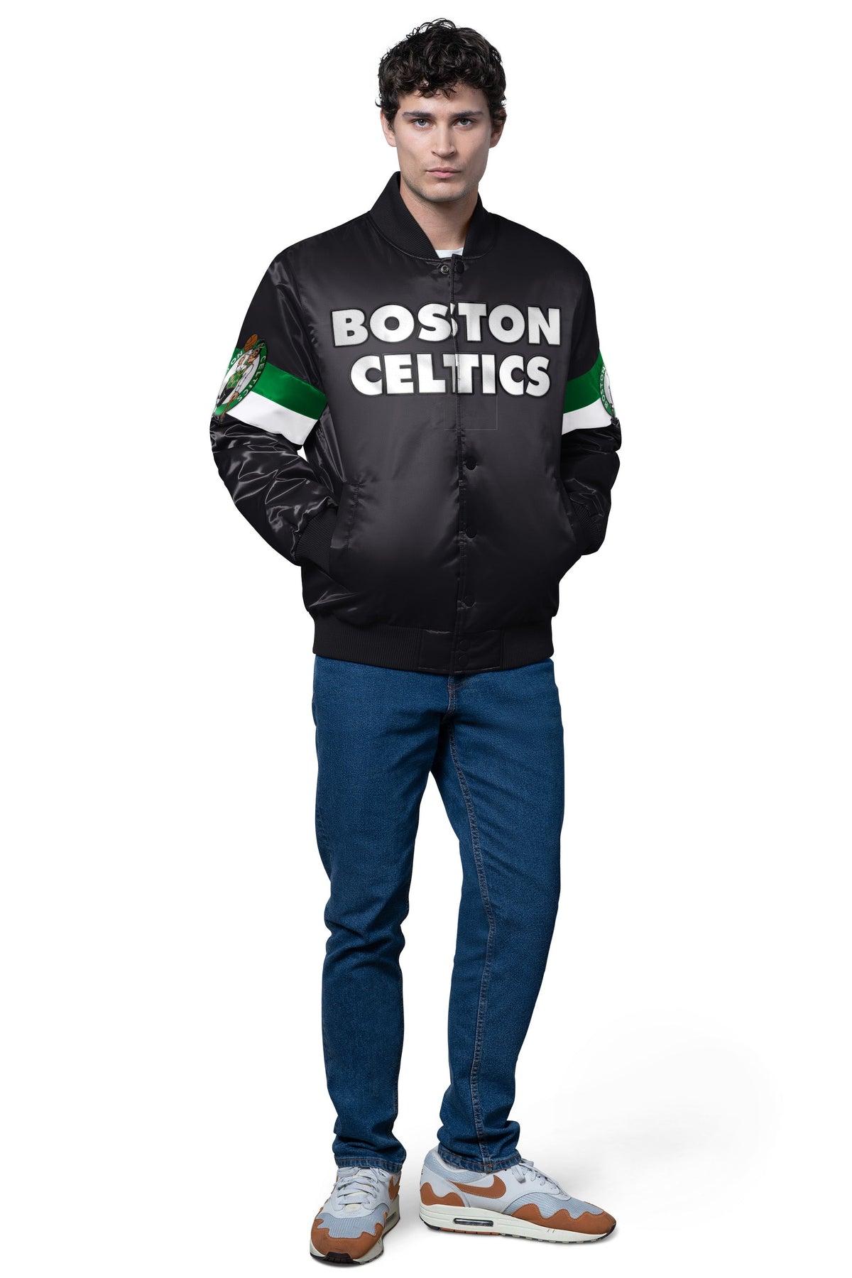 MENS BOSTON CELTICS TRIPLE OPTION SATIN VARSITY JACKET