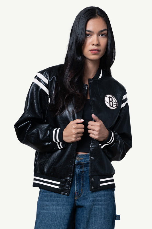 WOMENS BROOKLYN NETS FAUX LEATHER VARSITY JACKET