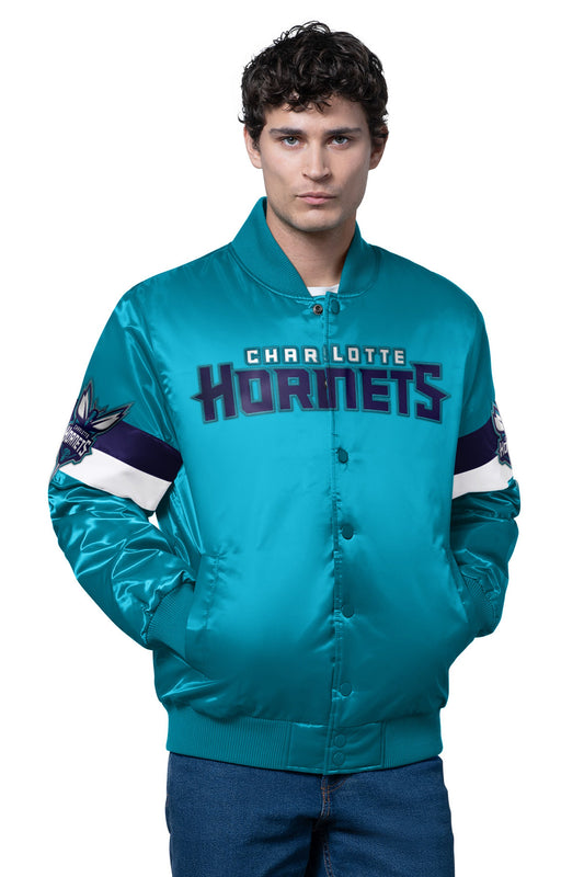 MENS CHARLOTTE HORNETS TRIPLE OPTION SATIN VARSITY JACKET