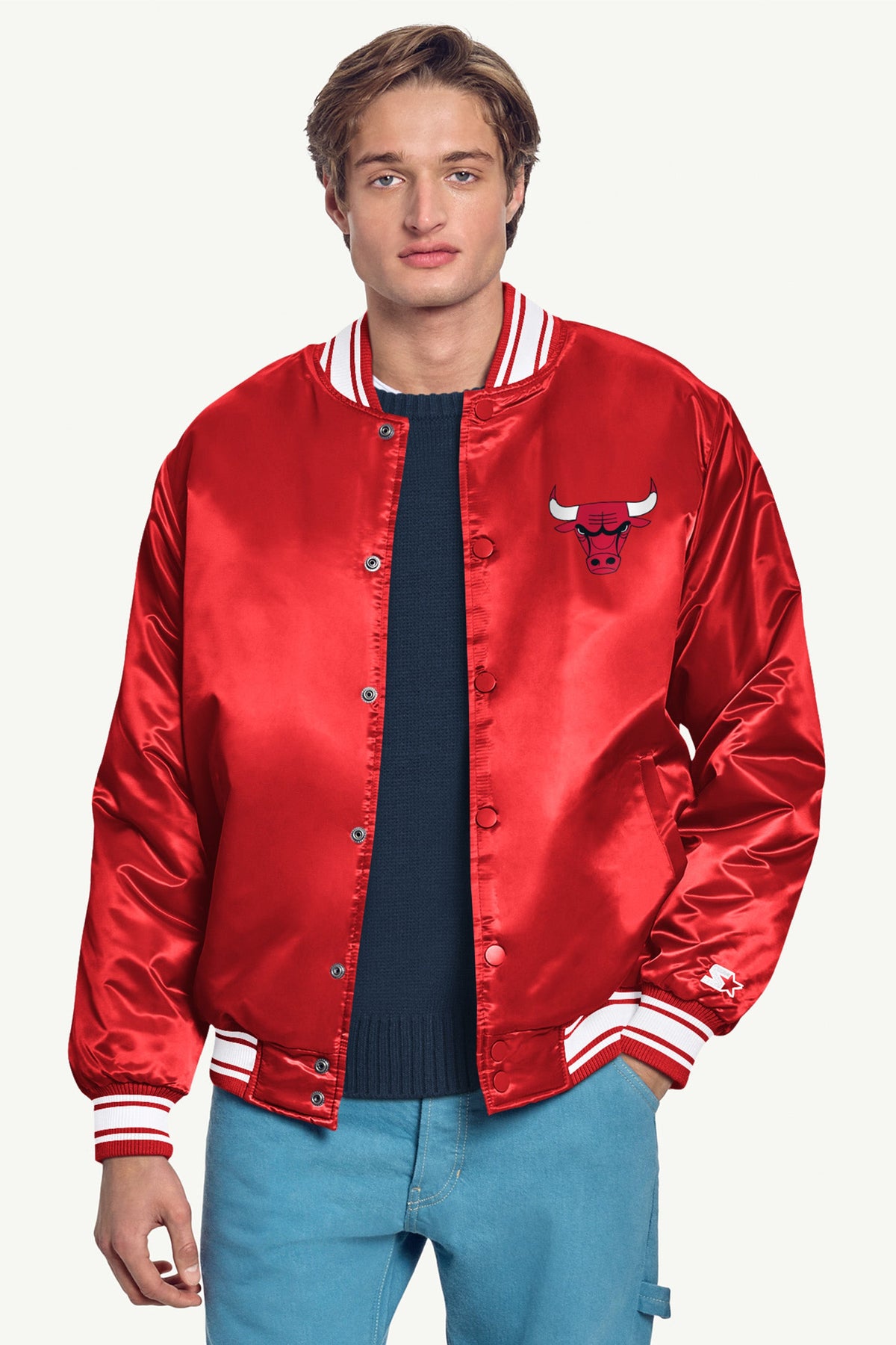 MENS CHICAGO BULLS MESH LOOK SATIN VARSITY JACKET