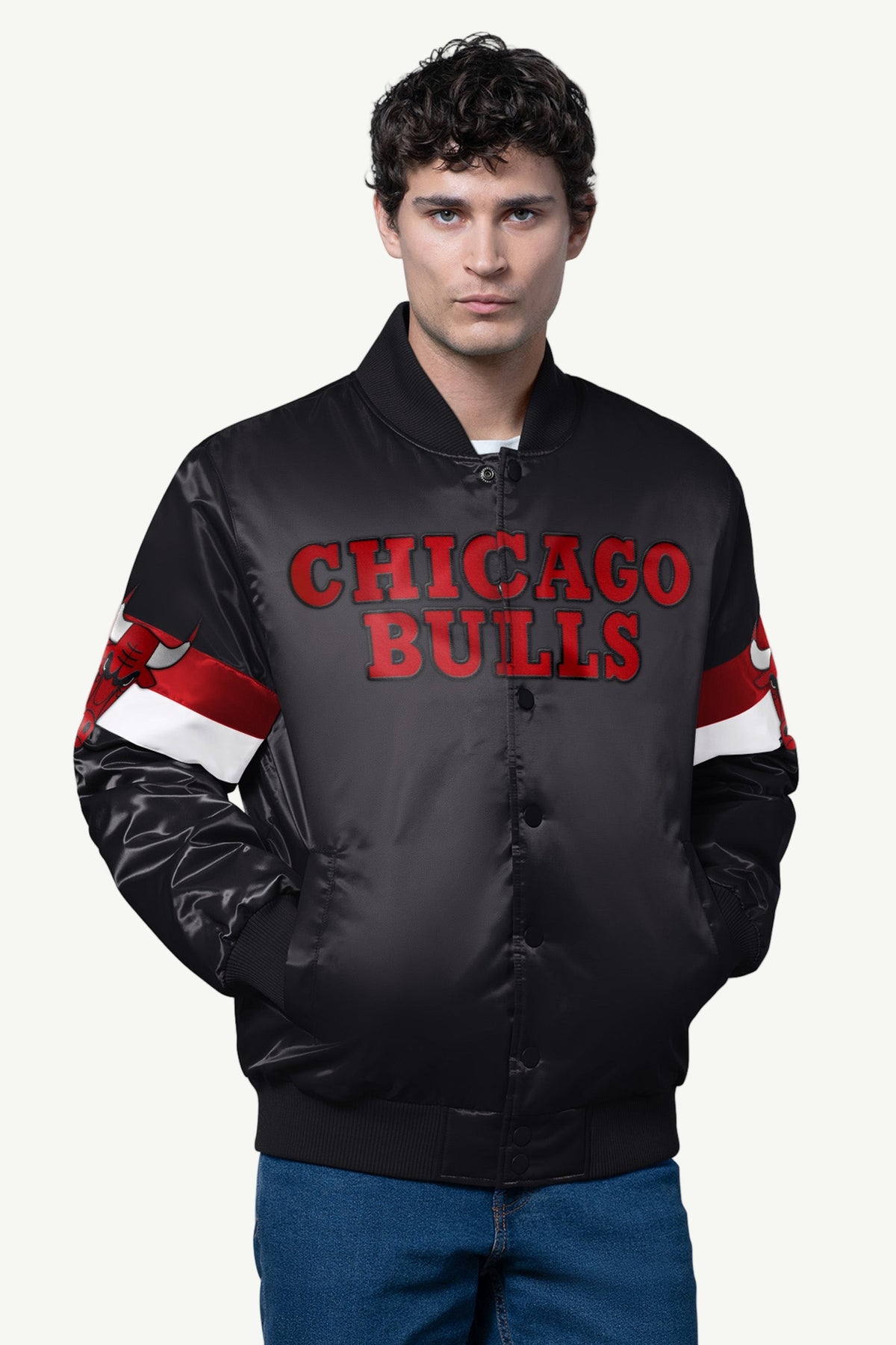 MENS CHICAGO BULLS TRIPLE OPTION SATIN VARSITY JACKET
