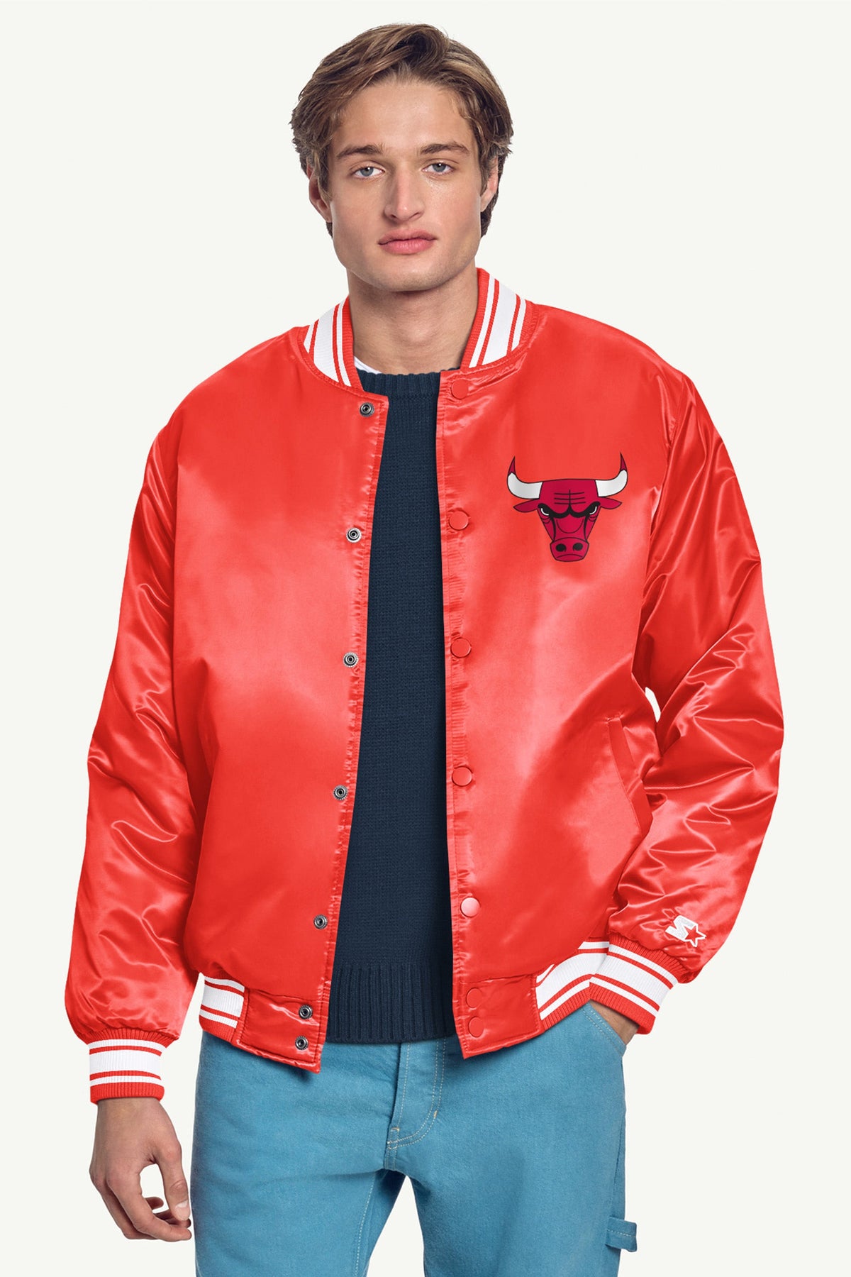 MENS CHICAGO BULLS PRINTED GRAPHIC SATIN VARSITY JACKET