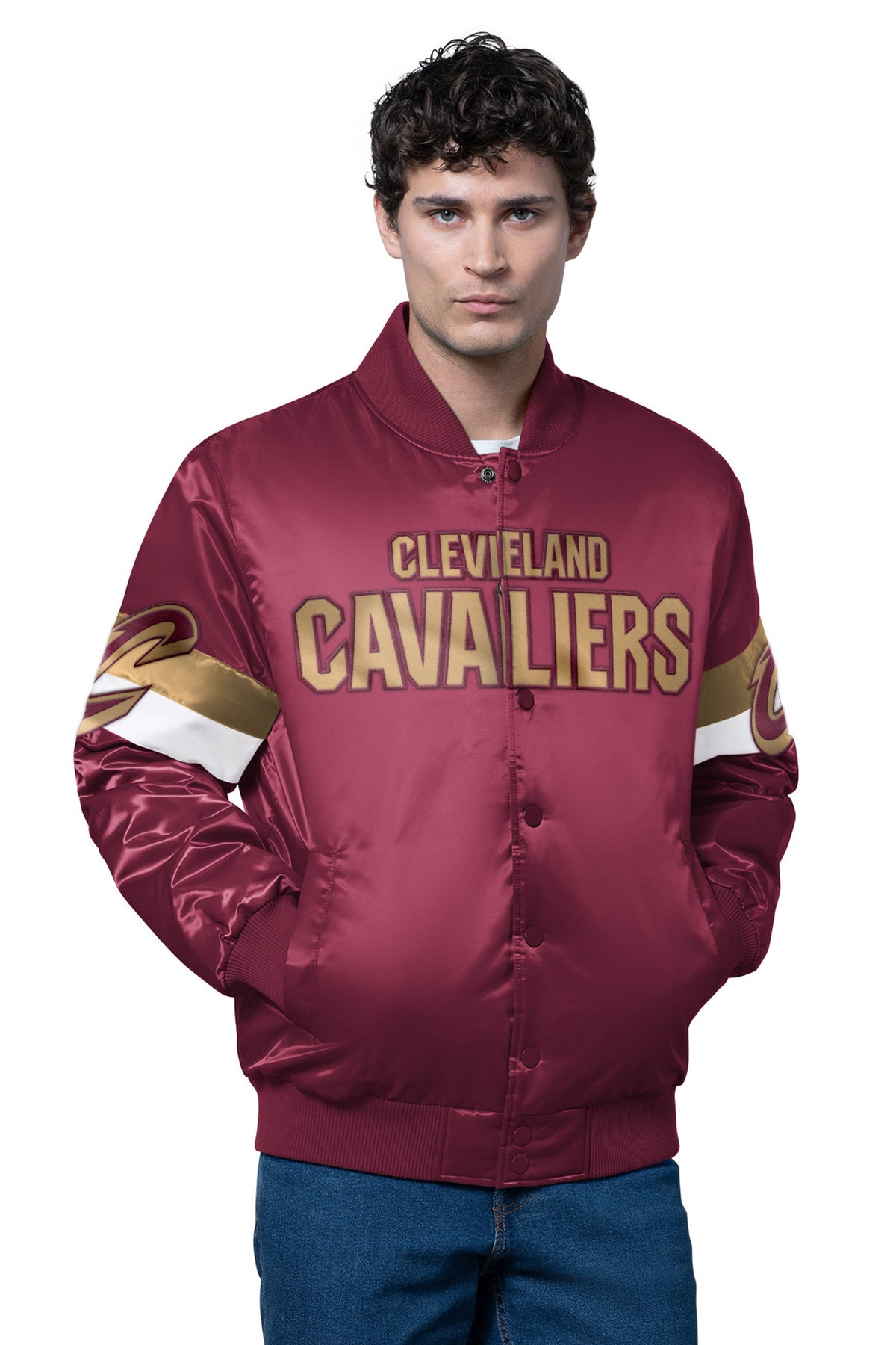 MENS CLEVELAND CAVALIERS TRIPLE OPTION SATIN VARSITY JACKET