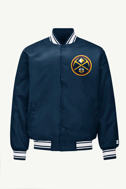 MENS DENVER NUGGETS PRINTED GRAPHIC SATIN VARSITY JACKET