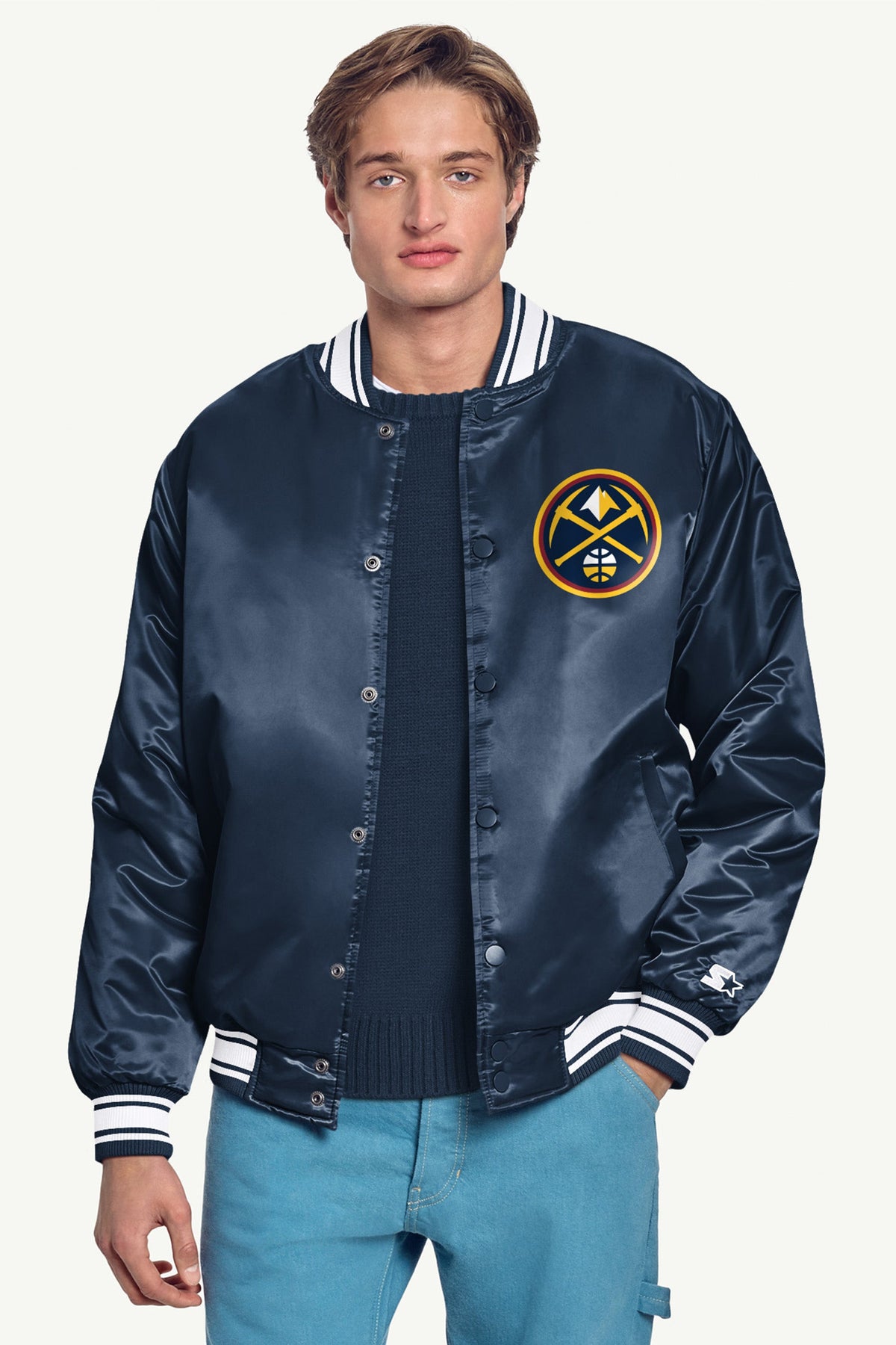 MENS DENVER NUGGETS PRINTED GRAPHIC SATIN VARSITY JACKET
