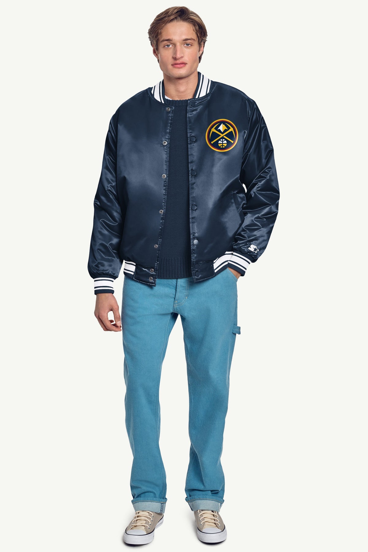 MENS DENVER NUGGETS PRINTED GRAPHIC SATIN VARSITY JACKET