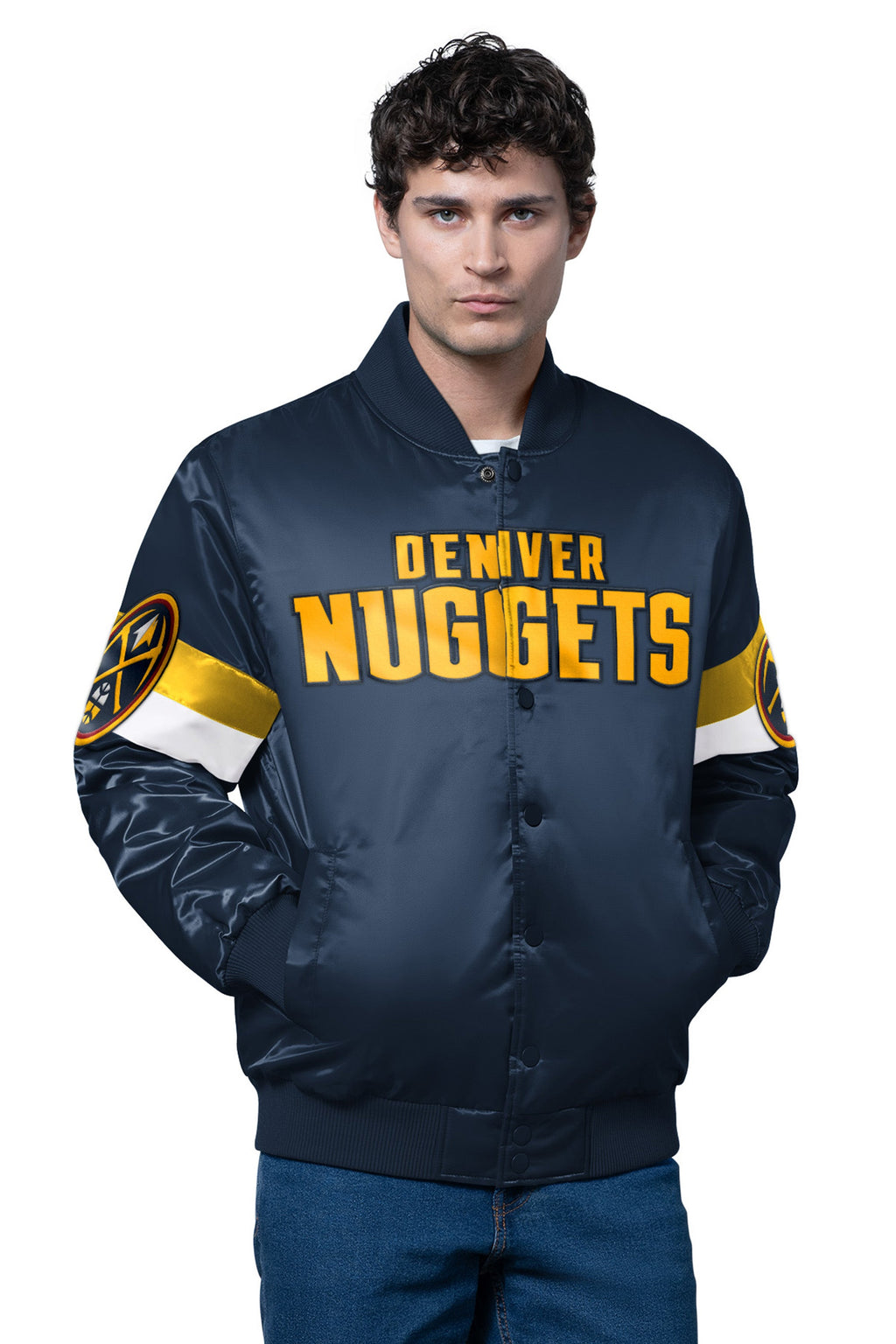 MENS DENVER NUGGETS TRIPLE OPTION SATIN VARSITY JACKET