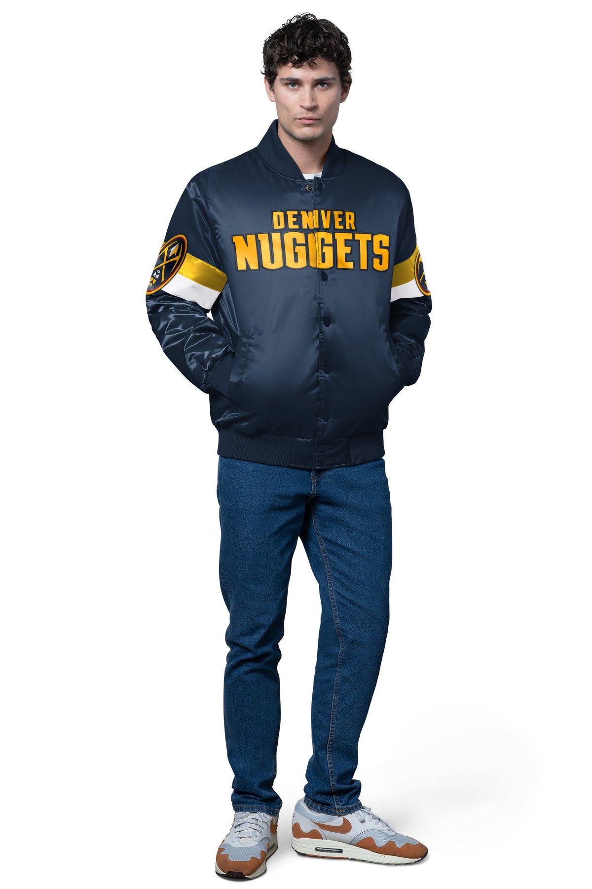 MENS DENVER NUGGETS TRIPLE OPTION SATIN VARSITY JACKET