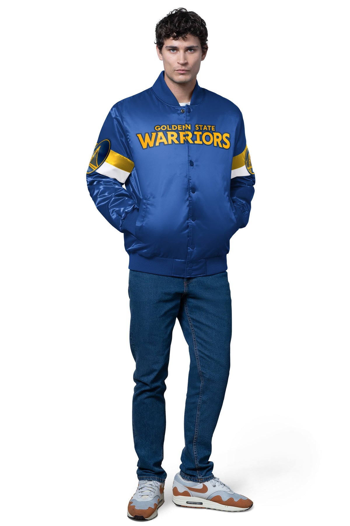 MENS GOLDEN STATE WARRIORS TRIPLE OPTION SATIN VARSITY JACKET