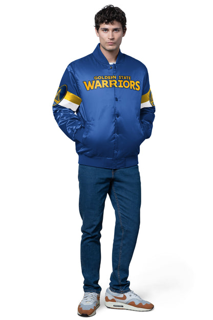 MENS GOLDEN STATE WARRIORS TRIPLE OPTION SATIN VARSITY JACKET