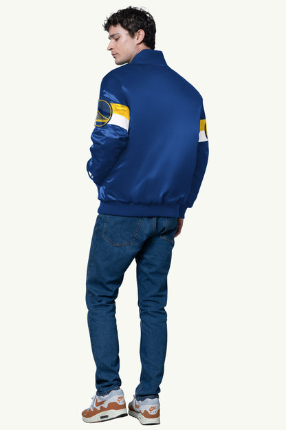 MENS GOLDEN STATE WARRIORS TRIPLE OPTION SATIN VARSITY JACKET