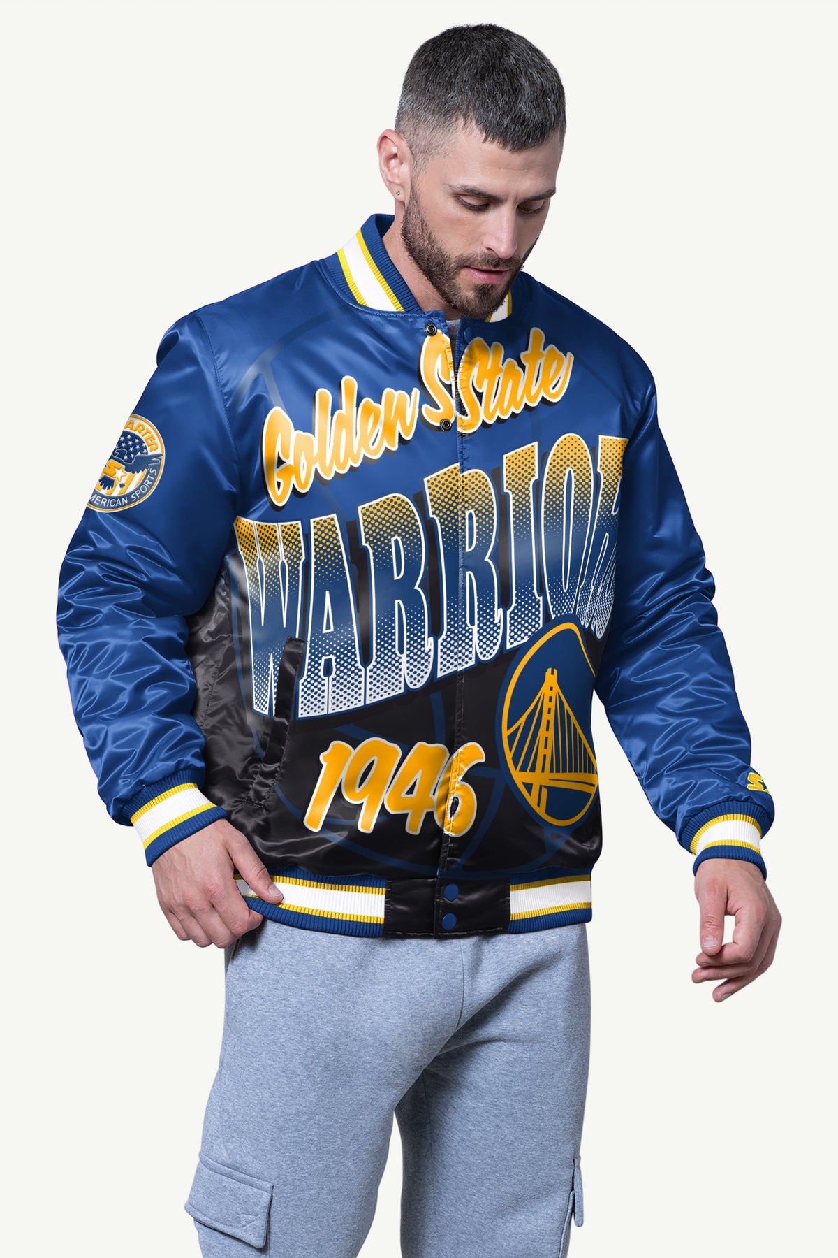 MENS GOLDEN STATE WARRIORS PASS RUSH SATIN VARSITY JACKET