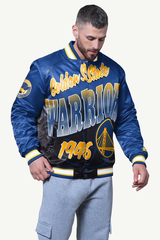 MENS GOLDEN STATE WARRIORS PASS RUSH SATIN VARSITY JACKET