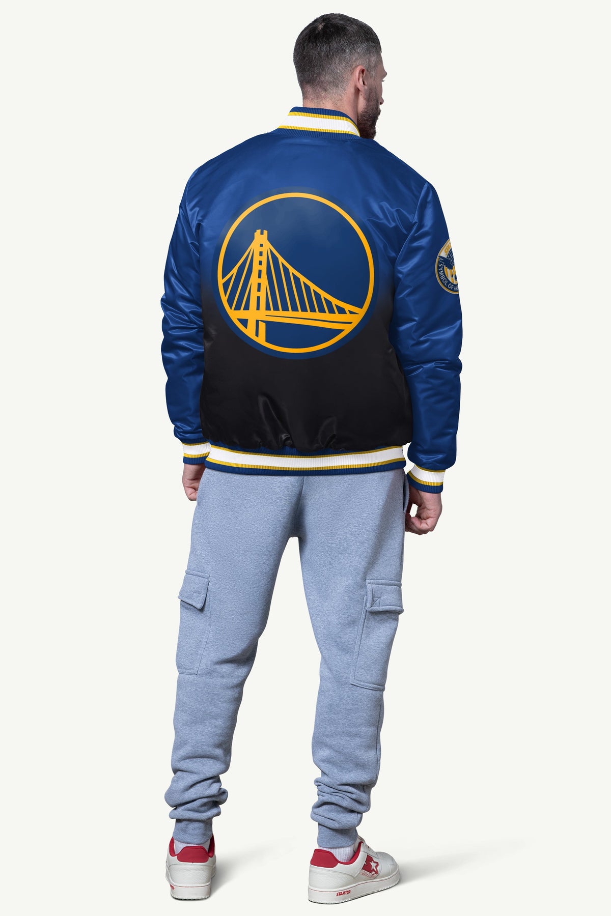 MENS GOLDEN STATE WARRIORS PASS RUSH SATIN VARSITY JACKET