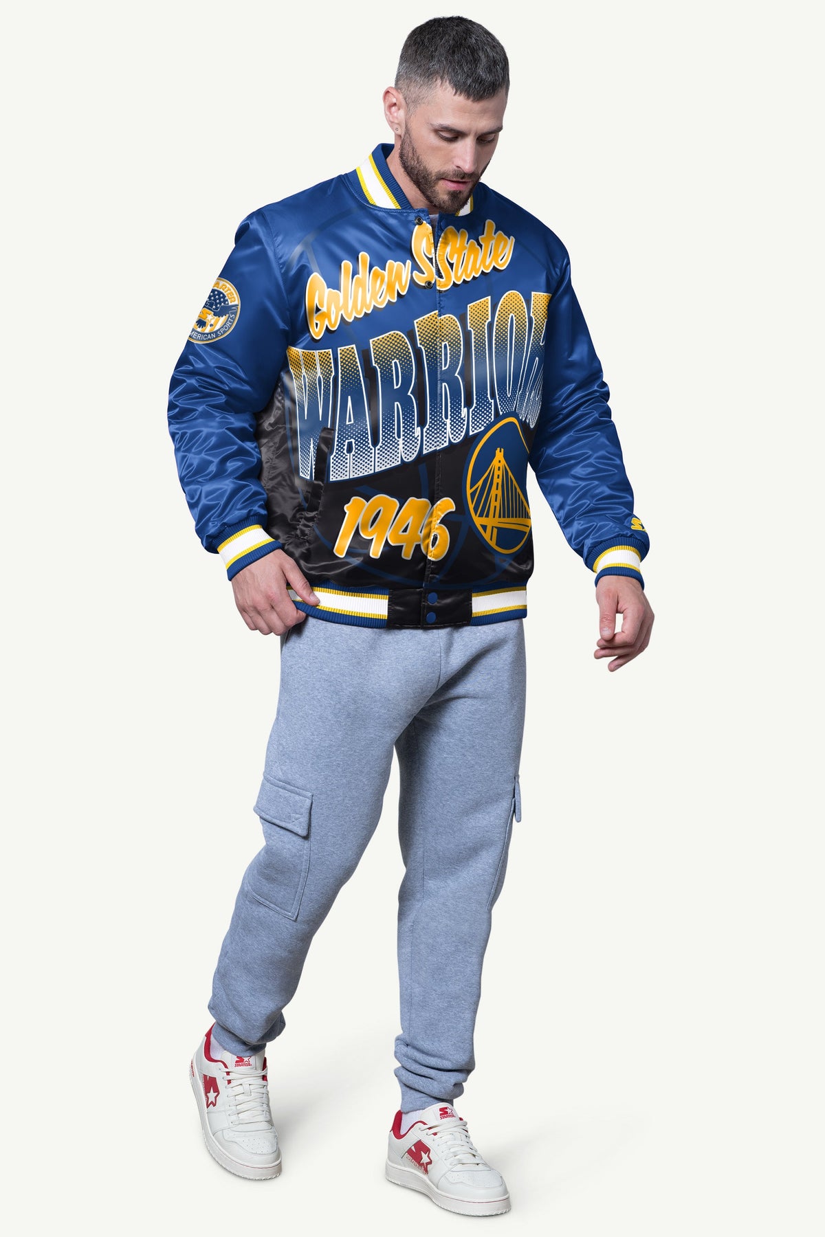 MENS GOLDEN STATE WARRIORS PASS RUSH SATIN VARSITY JACKET