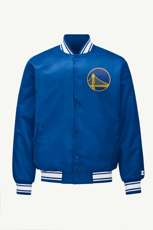MENS GOLDEN STATE WARRIORS PRINTED GRAPHIC SATIN VARSITY JACKET