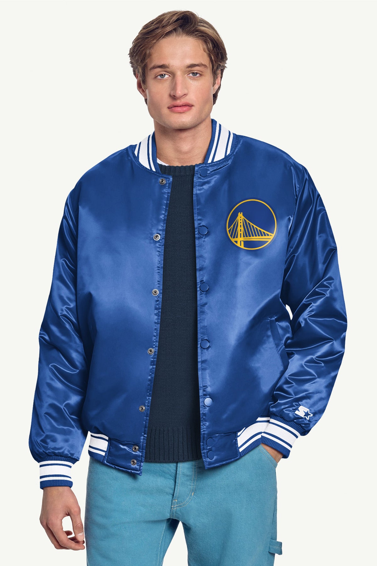 MENS GOLDEN STATE WARRIORS PRINTED GRAPHIC SATIN VARSITY JACKET